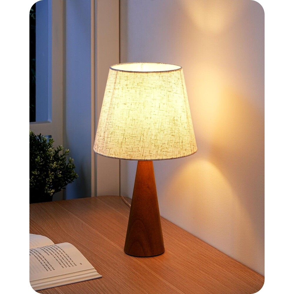 Modern Table Lamp, Wooden Base Bedside Lamp with Beige Linen Shade